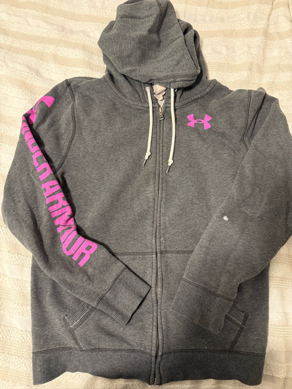 Under Armour Women’s ColdGear Full Zip Hoodie Gray Pink Logo Loose Fit Large